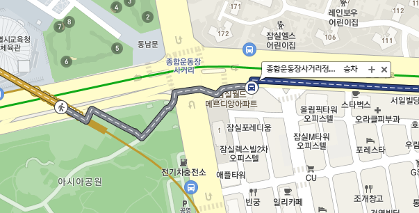 종합운동장역 지하철 하차 - 롯데월드 정류장 하차 (버스) 지도